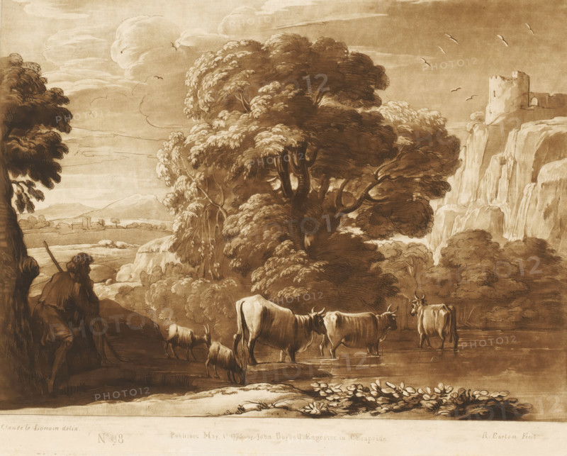 Landscape with shepherd, two goats and three oxen near a lake, Liber Veritatis. Or a Collection of Two Hundred Prints, after the original designs of Claude le Lorrain, Prints after drawings by Claude Lorrain, print, Series number, 98, 200, printmaker: Richard Earlom, after drawing by Claude Lorrain, publisher: John Boydell, London, 1775-05-01, paper, mezzotint, etching, mezzotint and etching, printed in brown, height 206 mm x width 259 mm, From 1774 John Boydell published two hundred prints based on the drawing book Liber Veritatis by Claude Lorrain, in the possession of the Dukes of Cavendish. These prints were published in bundled two volumes starting in 1777., herding, herdsman, herdswoman, shepherd, shepherdess, cowherd, cattle, lake - HH - ideal landscapes, landscape with tower or castle - II - ideal landscapes, A sepia-toned pastoral scene showing a large leafy tree dominating the center with dense foliage and textured branches, cliffs rising to the right with a ruined tower perc...