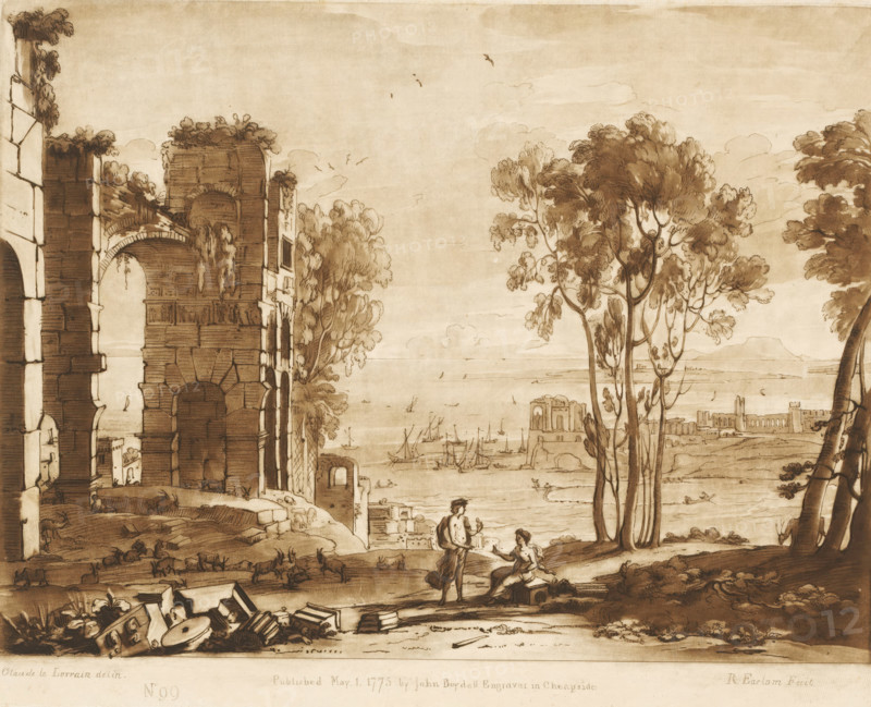 Coastal view with ruins and Apollo with the Sibyl of Cumae, Liber Veritatis. Or a Collection of Two Hundred Prints, after the original designs of Claude le Lorrain, Prints after drawings by Claude Lorrain, print, Series number, 99, 200, printmaker: Richard Earlom, after drawing by Claude Lorrain, publisher: John Boydell, London, 1775-05-01, paper, mezzotint, etching, mezzotint and etching, printed in brown, height 207 mm x width 258 mm, From 1774 John Boydell published two hundred prints based on the drawing book Liber Veritatis by Claude Lorrain, in the possession of the Dukes of Cavendish. These prints were published in two volumes from 1777 onwards., landscape with ruins - II - ideal landscapes, landscapes with waters, waterscapes, seascapes (in the temperate zone) - HH - ideal landscapes, coast - HH - ideal landscapes, the Cumaean Sibyl is granted long life: Apollo grants the Cumaean Sibyl as many years as she has grains of sand in her hand, in return for her love (Ovid, Metamorpho...