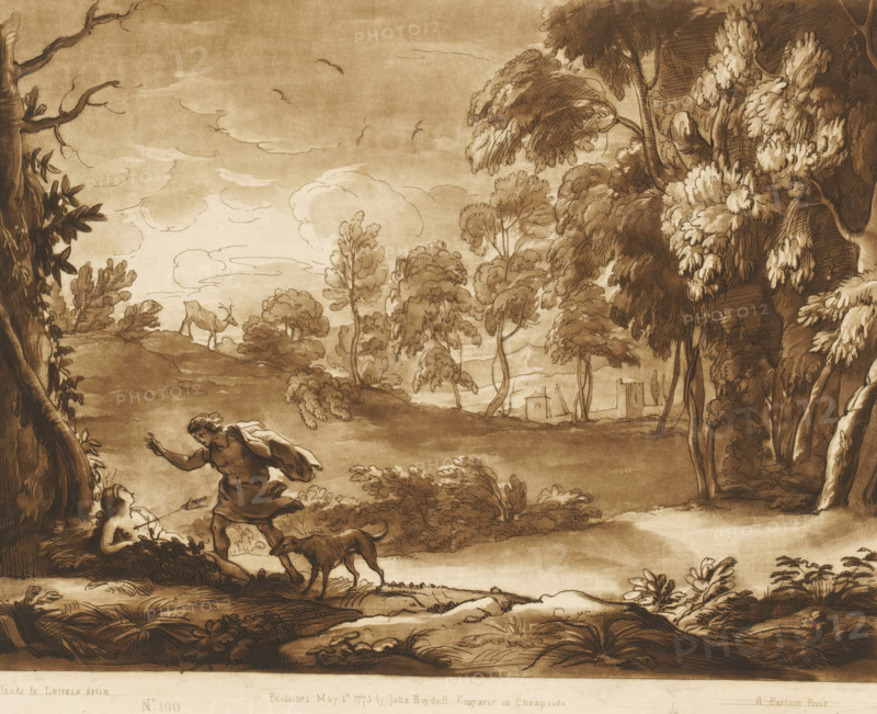 Landscape with the death of Procris, Prints after drawings by Claude Lorrain, Liber Veritatis. Or a Collection of Two Hundred Prints, after the original designs of Claude le Lorrain, print, Series number, 100, 200, printmaker: Richard Earlom, after drawing by Claude Lorrain, publisher: John Boydell, London, 1775-05-01, paper, mezzotint, etching, mezzotint and etching, printed in brown, height 207 mm x width 257 mm, From 1774 John Boydell published two hundred prints based on the drawing book Liber Veritatis by Claude Lorrain, in the possession of the Dukes of Cavendish. These prints were published in bundled two volumes starting in 1777., Cephalus inadvertently kills Procris, forest, wood - HH - ideal landscapes, A sepia-toned landscape drawing shows rolling hills dotted with trees and clusters of foliage, a large stand of trees on the right with dense leafy canopies, a few scattered clouds and birds in the sky, a distant small building with a simple roof near the horizon, a solitary g...