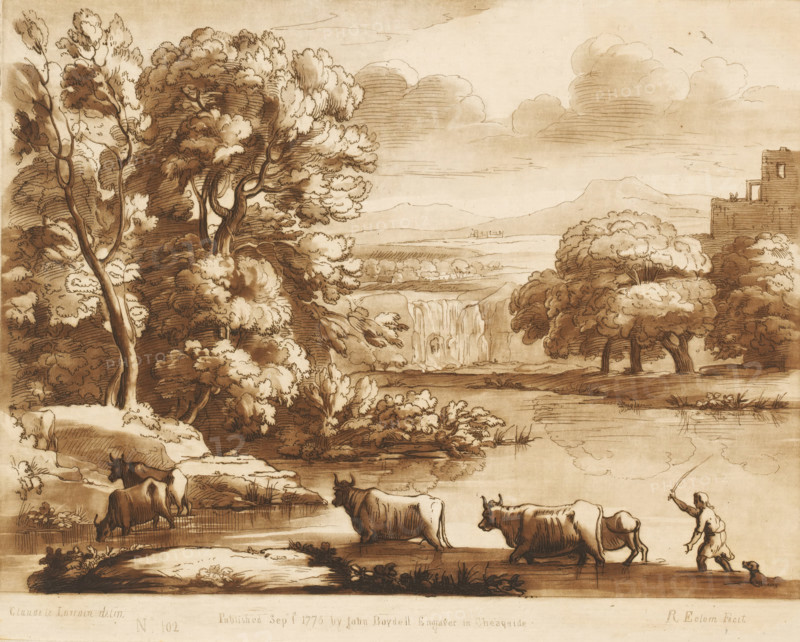 Landscape with waterfall and five oxen and shepherd crossing a river, Prints after drawings by Claude Lorrain, Liber Veritatis. Or a Collection of Two Hundred Prints, after the original designs of Claude le Lorrain, print, Series number, 102, 200, printmaker: Richard Earlom, after drawing by Claude Lorrain, publisher: John Boydell, London, 1775-09-01, paper, mezzotint, etching, mezzotint and etching, printed in brown, height 208 mm x width 258 mm, From 1774, John Boydell published two hundred prints after the drawing book Liber Veritatis by Claude Lorrain, in the possession of the Dukes of Cavendish. These prints were published in bundled two volumes starting in 1777., pastorals, Arcadian scenes, cattle driving, cattle driver, crossing a river, landscape with ruins - II - ideal landscapes, waterfall - HH - ideal landscapes, A sepia-toned landscape drawing showing a river with reflections and a waterfall in the middle distance, framed by large leafy trees on both sides and rolling hills...