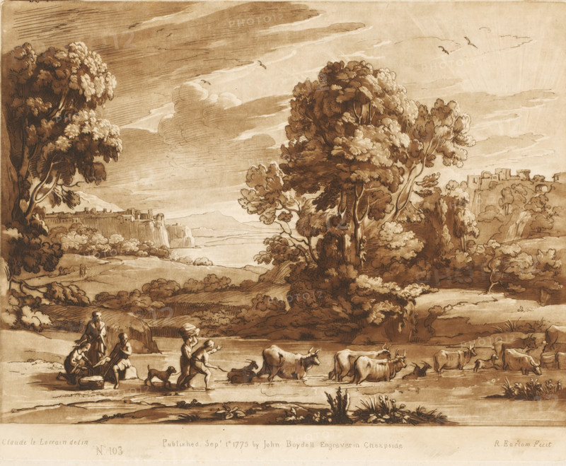 Landscape with two towns on hills and drovers crossing the river, Liber Veritatis. Or a Collection of Two Hundred Prints, after the original designs of Claude le Lorrain, Prints after drawings by Claude Lorrain, print, Series number, 103, 200, printmaker: Richard Earlom, after drawing by Claude Lorrain, publisher: John Boydell, London, 1775-09-01, paper, mezzotint, etching, mezzotint and etching, printed in brown, height 207 mm x width 258 mm, From 1774 John Boydell published two hundred prints based on the drawing book Liber Veritatis by Claude Lorrain, in the possession of the Dukes of Cavendish. These prints were published in two volumes from 1777 onwards., pastorals, Arcadian scenes, cattle driving, cattle driver, crossing a river, city-view, and landscape with man-made constructions - II - ideal landscapes, A sepia-toned landscape drawing showing a wide river or plain edged by rolling hills and large leafy trees, with clouds and birds in the sky. In the foreground there are people...