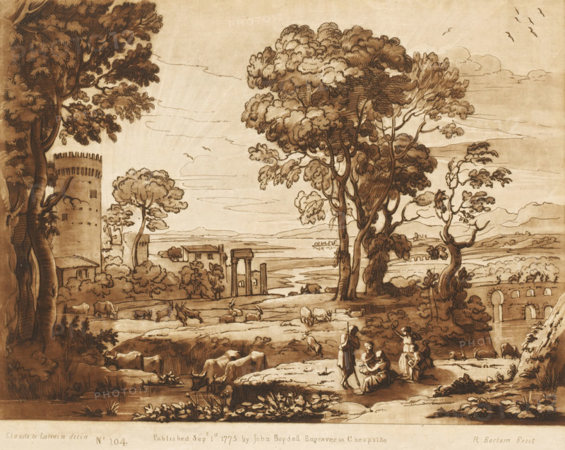 Landscape with ruins, tower, stone bridge and shepherds making music, Prints after drawings by Claude Lorrain, Liber Veritatis. Or a Collection of Two Hundred Prints, after the original designs of Claude le Lorrain, print, Series number, 104, 200, printmaker: Richard Earlom, after drawing by Claude Lorrain, publisher: John Boydell, London, 1775-09-01, paper, mezzotint, etching, mezzotint and etching, printed in brown, height 208 mm x width 258 mm, From 1774 John Boydell published two hundred prints based on the drawing book Liber Veritatis by Claude Lorrain, in the possession of the Dukes of Cavendish. These prints were published in two volumes from 1777 onwards., cattle, landscape with ruins - II - ideal landscapes, making music, musician with instrument - CC - out of doors, river - HH - ideal landscapes, landscape with tower or castle - II - ideal landscapes, A sepia-toned landscape drawing showing large, leafy trees with textured trunks and foliage framing a wide open plain, scatter...