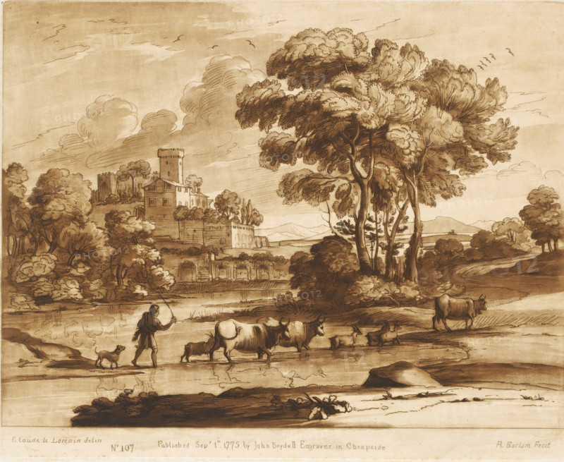 Landscape with town on a hill and cattle driver crossing the river, Liber Veritatis. Or a Collection of Two Hundred Prints, after the original designs of Claude le Lorrain, Prints after drawings by Claude Lorrain, print, Series number, 107, 200, printmaker: Richard Earlom, after drawing by Claude Lorrain, publisher: John Boydell, London, 1775-09-01, paper, mezzotint, etching, mezzotint and etching, printed in brown, height 208 mm x width 256 mm, From 1774 John Boydell published two hundred prints based on the drawing book Liber Veritatis by Claude Lorrain, in the possession of the Dukes of Cavendish. These prints were published in two volumes from 1777 onwards., pastorals, Arcadian scenes, cattle driving, cattle driver, crossing a river, river - HH - ideal landscapes, city-view, and landscape with man-made constructions - II - ideal landscapes, A sepia-toned landscape drawing showing a cluster of tall leafy trees on the right with detailed trunks and dense foliage, and a large fortifie...