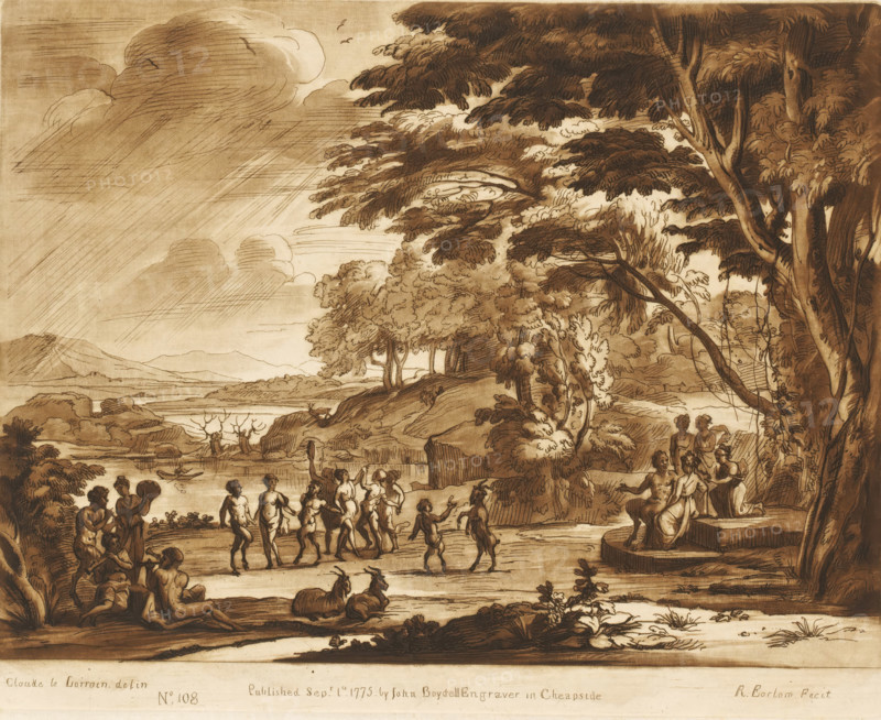 Landscape with dancing satyrs and nymphs, Prints after drawings by Claude Lorrain, Liber Veritatis. Or a Collection of Two Hundred Prints, after the original designs of Claude le Lorrain, print, Series number, 108, 200, printmaker: Richard Earlom, after drawing by Claude Lorrain, publisher: John Boydell, London, 1775-09-01, paper, mezzotint, etching, mezzotint and etching, printed in brown, height 207 mm x width 257 mm, From 1774 John Boydell published two hundred prints based on the drawing book Liber Veritatis by Claude Lorrain, in the possession of the Dukes of Cavendish. These prints were published in two volumes from 1777 onwards, pastorals, Arcadian scenes, group dancing, nymphs (in general), 'Ninfe in commune' (Ripa), satyr(s) (in general), lake - HH - ideal landscapes, A sepia-toned drawing shows a landscape with large trees on the right, their branches and foliage extending across the upper area, and a cluster of trees on a small hill toward the center. A body of water lies in...