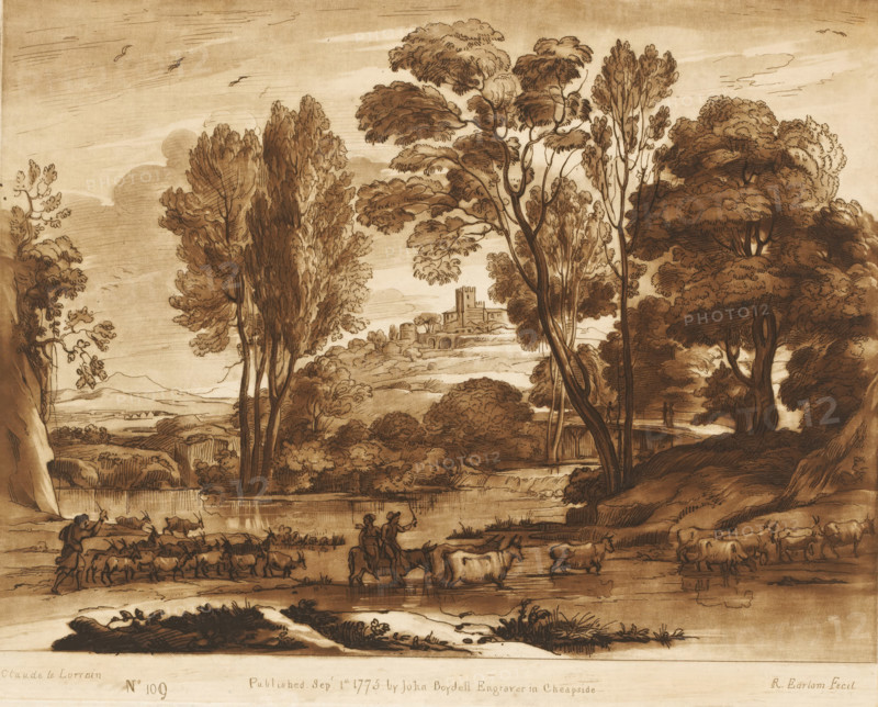Landscape with village on a hill and three drovers crossing the river, Prints after drawings by Claude Lorrain, Liber Veritatis. Or a Collection of Two Hundred Prints, after the original designs of Claude le Lorrain, print, Series number, 109, 200, printmaker: Richard Earlom, after drawing by Claude Lorrain, publisher: John Boydell, London, 1775-09-01, paper, mezzotint, etching, mezzotint and etching, printed in brown, height 207 mm x width 259 mm, From 1774 John Boydell published two hundred prints based on the drawing book Liber Veritatis by Claude Lorrain, in the possession of the Dukes of Cavendish. These prints were published in two volumes from 1777 onwards., pastorals, Arcadian scenes, cattle driving, cattle driver, crossing a river, city-view, and landscape with man-made constructions - II - ideal landscapes, A sepia-toned landscape drawing showing a river or pond in the foreground with reflections on the water, low grassy banks with small plants, and groups of livestock includ...