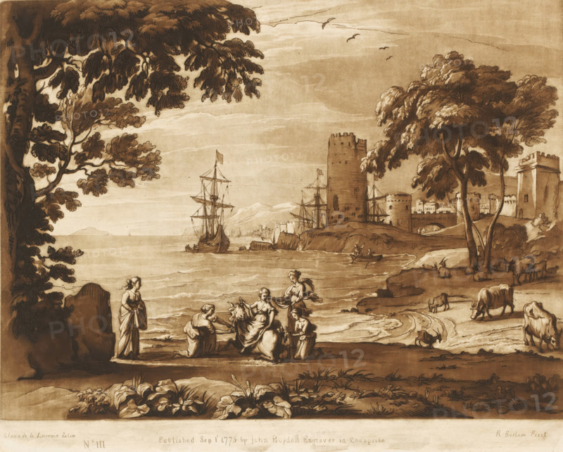 Coastal view with the kidnapping of Europe, Liber Veritatis. Or a Collection of Two Hundred Prints, after the original designs of Claude le Lorrain, Prints after drawings by Claude Lorrain, print, Series number, 111, 200, printmaker: Richard Earlom, after drawing by Claude Lorrain, publisher: John Boydell, London, 1775-09-01, paper, mezzotint, etching, mezzotint and etching, printed in brown, height 206 mm x width 256 mm, From 1774 John Boydell published two hundred prints based on the drawing book Liber Veritatis by Claude Lorrain, in the possession of the Dukes of Cavendish. These prints were published in bundled two volumes starting in 1777., Europa and her maidens play with the bull, and, or adorn it with flowers, sea (seascape), coast - HH - ideal landscapes, A sepia-toned coastal scene shows a shoreline with gentle waves and a group of women near the water engaging with each other and with gathered items, one standing apart on a rock and others seated or kneeling. Ships with mast...