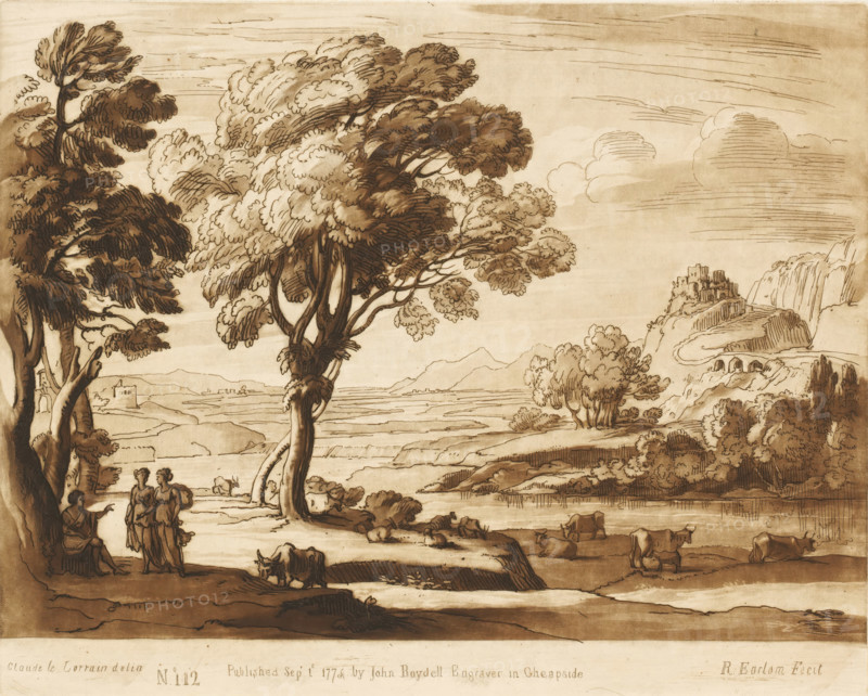 Landscape with three figures on a riverbank and castle on a hill, Liber Veritatis. Or a Collection of Two Hundred Prints, after the original designs of Claude le Lorrain, Prints after drawings by Claude Lorrain, print, Series number, 112, 200, printmaker: Richard Earlom, after drawing by Claude Lorrain, publisher: John Boydell, London, 1775-09-01, paper, mezzotint, etching, mezzotint and etching, printed in brown, height 206 mm x width 257 mm, From 1774, John Boydell published two hundred prints after the drawing book Liber Veritatis by Claude Lorrain, in the possession of the Dukes of Cavendish. These prints were published in two volumes from 1777 onwards., pastorals, Arcadian scenes, herding, herdsman, herdswoman, shepherd, shepherdess, cowherd, cattle, river - HH - ideal landscapes, landscape with tower or castle - II - ideal landscapes, A sepia-toned drawing depicts a pastoral landscape with tall, leafy trees in the foreground, their trunks twisting and branches spreading into text...