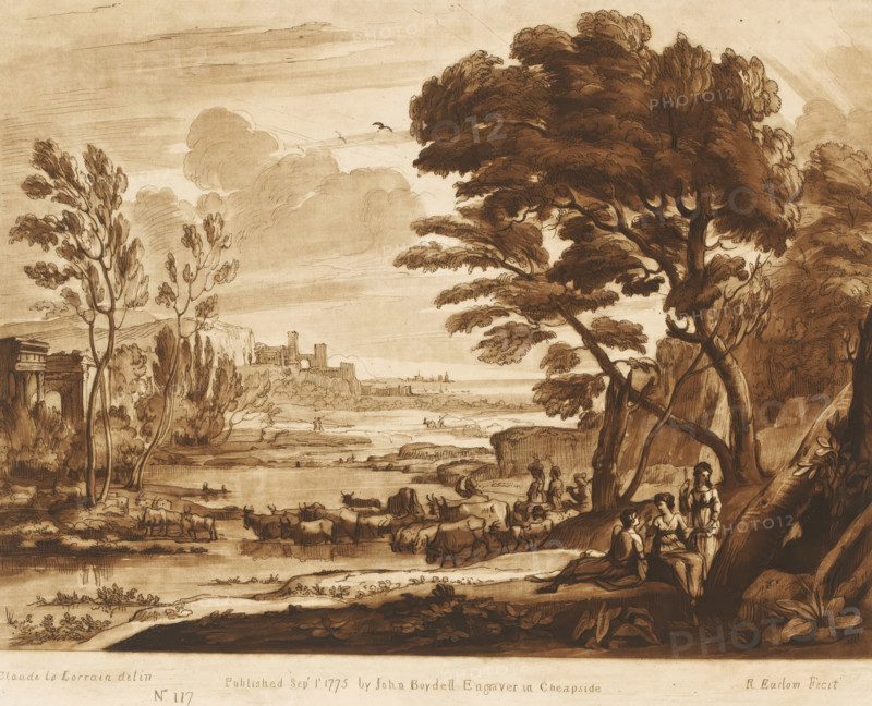 Landscape with Paris and Oenone, Prints after drawings by Claude Lorrain, Liber Veritatis. Or a Collection of Two Hundred Prints, after the original designs of Claude le Lorrain, print, Series number, 117, 200, printmaker: Richard Earlom, after drawing by Claude Lorrain, publisher: John Boydell, London, 1775-09-01, paper, mezzotint, etching, mezzotint and etching, printed in brown, height 209 mm x width 258 mm, From 1774 John Boydell published two hundred prints based on the drawing book Liber Veritatis by Claude Lorrain, in the possession of the Dukes of Cavendish. These prints were published in two volumes from 1777 onwards., cattle, landscape with ruins - II - ideal landscapes, Paris and Oenone, the nymph, river - HH - ideal landscapes, A sepia-toned landscape drawing shows a wide riverside valley with rolling hills and distant architectural ruins along the far shore. Large, leafy trees dominate the right foreground with twisting trunks and dense canopies, while more slender trees r...
