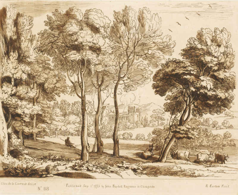 View of the Tor Crescenza Castle in Rome, Prints after drawings by Claude Lorrain, Liber Veritatis. Or a Collection of Two Hundred Prints, after the original designs of Claude le Lorrain, print, Series number, 118, 200, printmaker: Richard Earlom, after drawing by Claude Lorrain, publisher: John Boydell, London, 1775-09-01, paper, mezzotint, etching, mezzotint and etching, printed in brown, height 208 mm x width 259 mm, From 1774 John Boydell published two hundred prints based on the drawing book Liber Veritatis by Claude Lorrain, in the possession of the Dukes of Cavendish. These prints were published in two volumes from 1777 onwards., pastorals, Arcadian scenes, landscape with tower or castle, castle, Rome, Castello della Crescenza, A sepia-toned ink landscape showing a foreground of tall, slender trees with textured foliage and visible trunks, a grassy area beneath them with a seated figure and a dog, rolling ground with rocks and low plants, and a body of water indicated near the b...