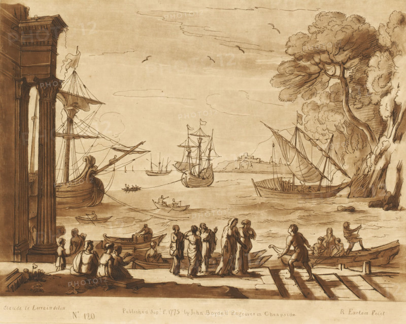 Harbour view with embarkation of H. Paula, Liber Veritatis. Or a Collection of Two Hundred Prints, after the original designs of Claude le Lorrain, Prints after drawings by Claude Lorrain, print, Series number, 120, 200, printmaker: Richard Earlom, after drawing by Claude Lorrain, publisher: John Boydell, London, 1775-09-01, paper, mezzotint, etching, mezzotint and etching, printed in brown, height 208 mm x width 260 mm, From 1774 John Boydell published two hundred prints based on the drawing book Liber Veritatis by Claude Lorrain, in the possession of the Dukes of Cavendish. These prints were published in two volumes from 1777 onwards., harbour, sailing-ship, sailing-boat, female saints (with NAME), ships (in general) (getting in, mounting, embarkation), A sepia-toned drawing shows a coastal scene with multiple sailing ships and smaller boats on calm water, some with furled sails and visible rigging, and a few boats carrying rowers; a group of people in classical drapery gather on a s...