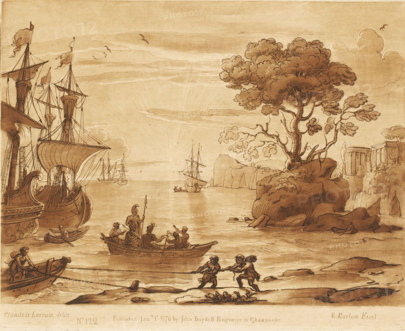 Coastal view with landing of Aeneas in Latium, Liber Veritatis. Or a Collection of Two Hundred Prints, after the original designs of Claude le Lorrain, Prints after drawings by Claude Lorrain, print, Series number, 122, 200, printmaker: Richard Earlom, after drawing by Claude Lorrain, publisher: John Boydell, London, 1776-01-01, paper, mezzotint, etching, mezzotint and etching, printed in brown, height 206 mm x width 257 mm, From 1774 John Boydell published two hundred prints based on the drawing book Liber Veritatis by Claude Lorrain, in the possession of the Dukes of Cavendish. These prints were published in bundled two volumes starting in 1777., sailing-ship, sailing-boat, city-view, and landscape with man-made constructions, the story of Aeneas' wanderings to Italy (Virgil, Aeneid), coast - HH - ideal landscapes, traffic and transport (arrival, coming to anchor, at anchor), Latium, A sepia-toned coastal scene showing sailing ships at anchor on the left with tall masts, billowing sa...