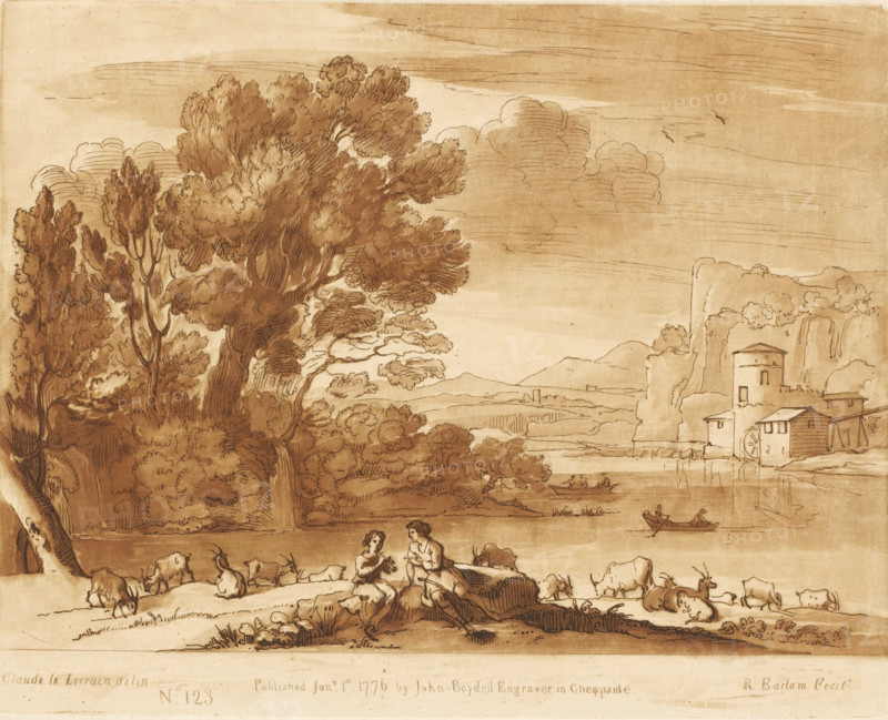 Landscape with a shepherd couple and goats near a bank, Prints after drawings by Claude Lorrain, Liber Veritatis. Or a Collection of Two Hundred Prints, after the original designs of Claude le Lorrain, print, Series number, 123, 200, printmaker: Richard Earlom, after drawing by Claude Lorrain, publisher: John Boydell, London, 1776-01-01, paper, mezzotint, etching, mezzotint and etching, printed in brown, height 206 mm x width 258 mm, From 1774 John Boydell published two hundred prints based on the drawing book Liber Veritatis by Claude Lorrain, in the possession of the Dukes of Cavendish. These prints were published in two volumes from 1777 onwards., pastorals, Arcadian scenes, herding, herdsman, herdswoman, shepherd, shepherdess, cowherd, cattle, river - HH - ideal landscapes, watermill in landscape - II - ideal landscapes, A sepia-toned landscape drawing showing a large, leafy tree cluster on the left with dense foliage and textured trunks, a calm body of water stretching toward the ...