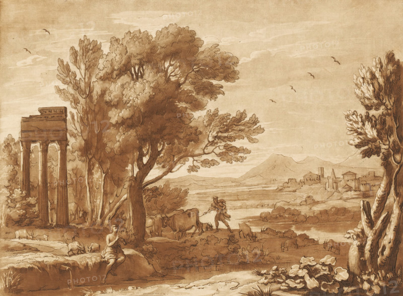 Landscape with Mercury stealing Apollo's cattle, Prints after drawings by Claude Lorrain, Liber Veritatis. Or a Collection of Two Hundred Prints, after the original designs of Claude le Lorrain, print, Series number, 128, 200, printmaker: Richard Earlom, after drawing by Claude Lorrain, publisher: John Boydell, London, 1776-01-01, Richard Earlom, Claude Lorrain, John Boydell, printmaker, after drawing by, publisher, paper, mezzotint, etching, mezzotint and etching, printed in brown, height 207 mm x width 258 mm, From 1774 John Boydell published two hundred prints based on the drawing book Liber Veritatis by Claude Lorrain, in the possession of the Dukes of Cavendish. These prints were published in bundles in two volumes starting in 1777., landscape with bridge, viaduct or aqueduct - II - ideal landscapes, city-view, and landscape with man-made constructions - II - ideal landscapes, Mercury and Battus, Battus is bribed with a heifer as hush-money, A sepia-toned landscape drawing shows t...
