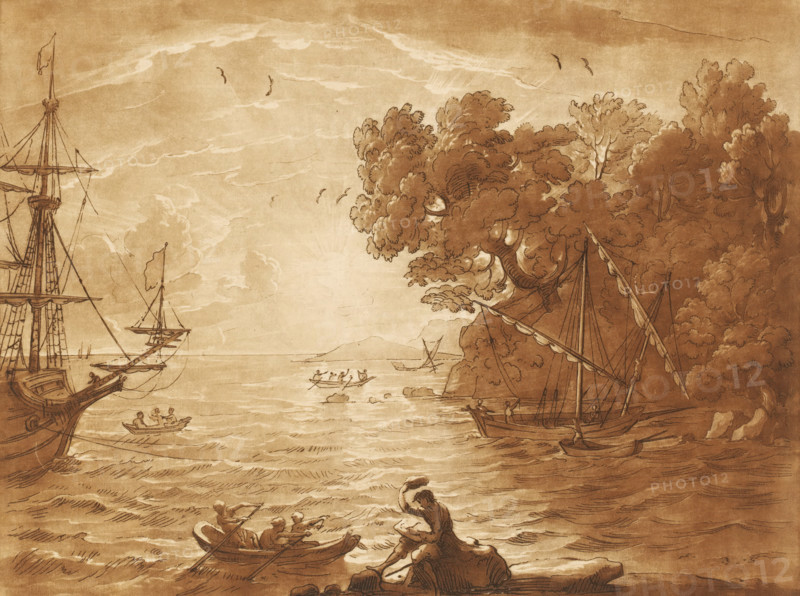 Seascape with draftsman sitting on the coast, Prints after drawings by Claude Lorrain, Liber Veritatis. Or a Collection of Two Hundred Prints, after the original designs of Claude le Lorrain, print, Series number, 130, 200, printmaker: Richard Earlom, after drawing by Claude Lorrain, publisher: John Boydell, London, 1776-01-01, paper, mezzotint, etching, mezzotint and etching, printed in brown, height 208 mm x width 257 mm, From 1774 John Boydell published two hundred prints based on the drawing book Liber Veritatis by Claude Lorrain, in the possession of the Dukes of Cavendish. These prints were published in two volumes from 1777 onwards., draughtsman at work - CC - out of doors, sea (seascape), ships (in general) - CC - more than one ship, coast - HH - ideal landscapes, A sepia-toned seaside scene showing a wide expanse of water with gentle waves, small rowboats with figures inside, a larger ship with masts and rigging at the left edge, and additional anchored boats with sails along ...