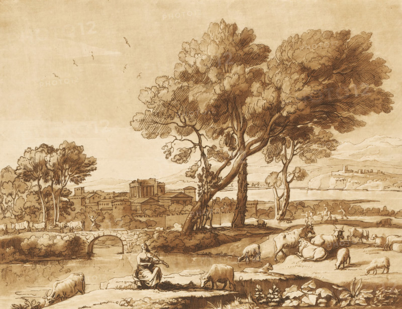 Landscape with Mercury stealing Admetus' cattle from Apollo, Prints after drawings by Claude Lorrain, Liber Veritatis. Or a Collection of Two Hundred Prints, after the original designs of Claude le Lorrain, print, Series number, 135, 200, printmaker: Richard Earlom, after drawing by Claude Lorrain, publisher: John Boydell, London, 1776-01-01, Richard Earlom, Claude Lorrain, John Boydell, printmaker, after drawing by, publisher, paper, mezzotint, etching, mezzotint and etching, printed in brown, height 208 mm x width 260 mm, From 1774 John Boydell published two hundred prints based on the drawing book Liber Veritatis by Claude Lorrain, in the possession of the Dukes of Cavendish. These prints were published in two volumes from 1777 onwards., Mercury steals the flock which Apollo is tending, landscape with bridge, viaduct or aqueduct - II - ideal landscapes, city-view, and landscape with man-made constructions - II - ideal landscapes, A sepia-toned landscape drawing shows a cluster of la...