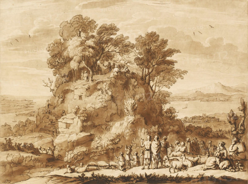 Landscape with Christ's Sermon on the Mount, Prints after drawings by Claude Lorrain, Liber Veritatis. Or a Collection of Two Hundred Prints, after the original designs of Claude le Lorrain, print, Series number, 138, 200, printmaker: Richard Earlom, after drawing by Claude Lorrain, publisher: John Boydell, London, 1776-01-01, Richard Earlom, Claude Lorrain, John Boydell, printmaker, after drawing by, publisher, paper, mezzotint, etching, mezzotint and etching, printed in brown, height 208 mm x width 258 mm, From 1774 John Boydell published two hundred prints based on the drawing book Liber Veritatis by Claude Lorrain, in the possession of the Dukes of Cavendish. These prints were published in two volumes from 1777 onwards., mountains - HH - ideal landscapes, Christ's sermon on the mount (Matthew 5-7), A sepia-toned landscape drawing showing a rocky hill topped with clustered trees and a group of seated and standing figures among the trees, with a winding stair path up the cliff popula...