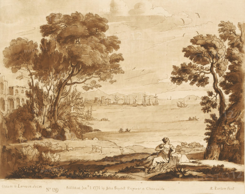 Coast of Naxos with Bacchus and Ariadne, Prints after drawings by Claude Lorrain, Liber Veritatis. Or a Collection of Two Hundred Prints, after the original designs of Claude le Lorrain, print, Series number, 139, 200, printmaker: Richard Earlom, after drawing by Claude Lorrain, publisher: John Boydell, London, 1776-01-01, paper, mezzotint, etching, mezzotint and etching, printed in brown, height 209 mm x width 258 mm, From 1774 John Boydell published two hundred prints based on the drawing book Liber Veritatis by Claude Lorrain, in the possession of the Dukes of Cavendish. These prints were published in two volumes from 1777 onwards., sea (seascape), Bacchus finds Ariadne on Naxos, coast - HH - ideal landscapes, Naxos, A sepia-toned landscape drawing depicting a shoreline scene with large, leafy trees framing both sides, clusters of bushes and grasses in the foreground, and a gently sloping bank leading down to water where small rowboats and sailing ships are visible; a seated woman i...