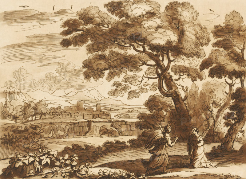 Landscape with Hagar and the angel, Liber Veritatis. Or a Collection of Two Hundred Prints, after the original designs of Claude le Lorrain, Prints after drawings by Claude Lorrain, print, Series number, 140, 200, printmaker: Richard Earlom, after drawing by Claude Lorrain, publisher: John Boydell, London, 1776-01-01, paper, mezzotint, etching, mezzotint and etching, printed in brown, height 207 mm x width 257 mm, From 1774 John Boydell published two hundred prints based on the drawing book Liber Veritatis by Claude Lorrain, in the possession of the Dukes of Cavendish. These prints were published in two volumes from 1777 onwards., an angel meets Hagar at the fountain on the way to Shur and persuades her to return, city-view, and landscape with man-made constructions - II - ideal landscapes, A sepia-toned ink drawing showing a landscape with large, leafy trees in the foreground and a cluster of buildings on a distant hillside, a river or valley between them, layered clouds and distant m...
