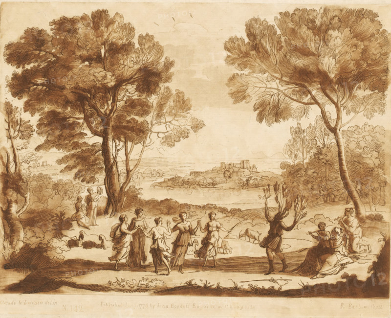 Landscape with Apulian shepherd turning into an olive tree and dancing nymphs, Liber Veritatis. Or a Collection of Two Hundred Prints, after the original designs of Claude le Lorrain, Prints after drawings by Claude Lorrain, print, Series number, 142, 200, printmaker: Richard Earlom, after drawing by Claude Lorrain, publisher: John Boydell, London, 1776-06-01, paper, mezzotint, etching, mezzotint and etching, printed in brown, height 207 mm x width 259 mm, From 1774 John Boydell published two hundred prints based on the drawing book Liber Veritatis by Claude Lorrain, in the possession of the Dukes of Cavendish. These prints were published in two volumes from 1777 onwards., dancing, the Apulian shepherd changed into an oleaster: the Apulian shepherd is changed into an oleaster as punishment for mocking dancing nymphs (Ovid, Metamorphoses XIV 521), river - HH - ideal landscapes, A sepia-toned landscape drawing shows tall, leafy trees framing a central open view toward a distant shoreline...