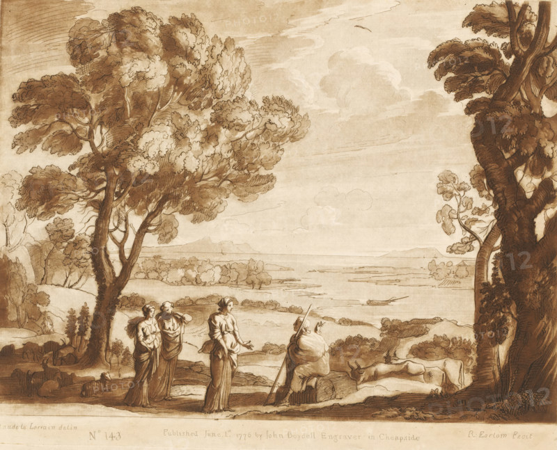Landscape with the daughters of Helios, Prints after drawings by Claude Lorrain, Liber Veritatis. Or a Collection of Two Hundred Prints, after the original designs of Claude le Lorrain, print, Series number, 143, 200, printmaker: Richard Earlom, after drawing by Claude Lorrain, publisher: John Boydell, London, 1776-06-01, paper, mezzotint, etching, mezzotint and etching, printed in brown, height 207 mm x width 258 mm, From 1774 John Boydell published two hundred prints based on the drawing book Liber Veritatis by Claude Lorrain, in the possession of the Dukes of Cavendish. These prints were published in two volumes from 1777 onwards., herding, herdsman, herdswoman, shepherd, shepherdess, cowherd, cattle, other scenes from the story of Phaethon and the chariot of the sun, A sepia-toned drawing shows a pastoral scene with large, leafy trees framing a wide open sky with soft clouds and a distant shoreline visible across calm water; in the foreground three standing women in long draped gar...