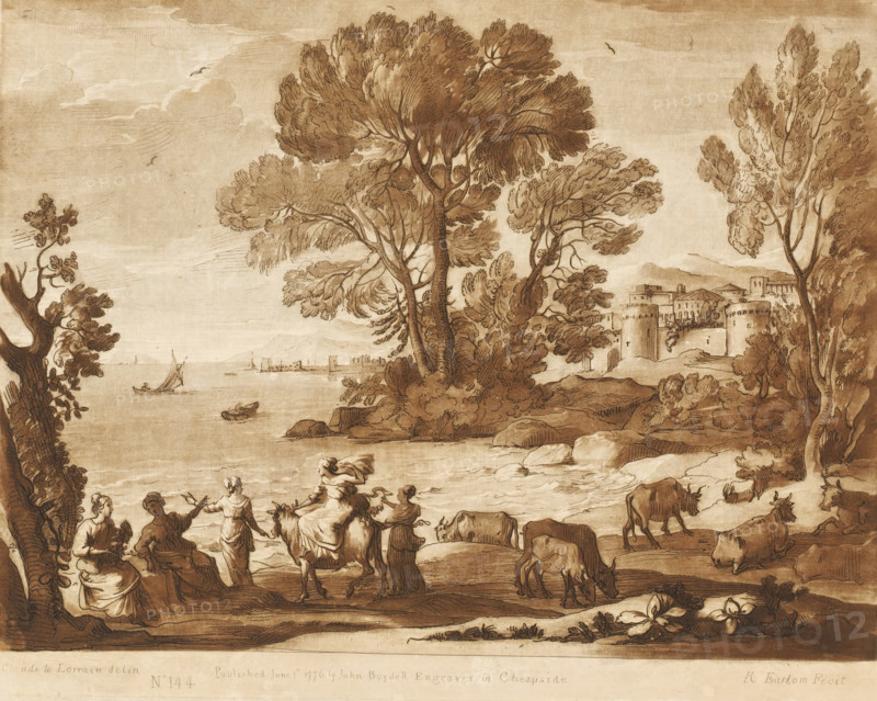 Coastal view with the plunder of Europe, Prints after drawings by Claude Lorrain, Liber Veritatis. Or a Collection of Two Hundred Prints, after the original designs of Claude le Lorrain, print, Series number, 144, 200, printmaker: Richard Earlom, after drawing by Claude Lorrain, publisher: John Boydell, London, 1776-06-01, paper, mezzotint, etching, mezzotint and etching, printed in brown, height 206 mm x width 258 mm, From 1774 John Boydell published two hundred prints based on the drawing book Liber Veritatis by Claude Lorrain, in the possession of the Dukes of Cavendish. These prints were published in two volumes from 1777 onwards., Europa and her maidens play with the bull, and, or adorn it with flowers, sea (seascape), coast - HH - ideal landscapes, city-view, and landscape with man-made constructions - II - ideal landscapes, A sepia-toned landscape drawing showing a shoreline with tall, leafy trees clustered near the center and right, their trunks and branches rendered with flowi...