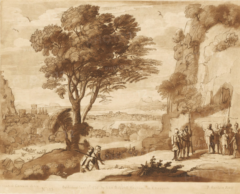 Landscape with David at the Cave of Adullam, Liber Veritatis. Or a Collection of Two Hundred Prints, after the original designs of Claude le Lorrain, Prints after drawings by Claude Lorrain, print, Series number, 145, 200, printmaker: Richard Earlom, after drawing by Claude Lorrain, publisher: John Boydell, London, 1776-06-01, paper, mezzotint, etching, mezzotint and etching, printed in brown, height 206 mm x width 258 mm, From 1774 John Boydell published two hundred prints based on the drawing book Liber Veritatis by Claude Lorrain, in the possession of the Dukes of Cavendish. These prints were published in bundled two volumes starting in 1777., mountains - HH - ideal landscapes, city-view, and landscape with man-made constructions - II - ideal landscapes, cave, grotto - HH - ideal landscapes, David in the cave Adullam, A sepia-toned landscape drawing shows a large leafy tree with a thick trunk and spreading branches near the center, framed by rocky cliffs with smaller trees and shrub...