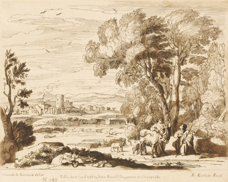 Landscape with Juno entrusting Io to Argus, Prints after drawings by Claude Lorrain, Liber Veritatis. Or a Collection of Two Hundred Prints, after the original designs of Claude le Lorrain, print, Series number, 149, 200, printmaker: Richard Earlom, after drawing by Claude Lorrain, publisher: John Boydell, London, 1776-09-02, paper, mezzotint, etching, mezzotint and etching, printed in brown, height 206 mm x width 258 mm, From 1774 John Boydell published two hundred prints based on the drawing book Liber Veritatis by Claude Lorrain, in the possession of the Dukes of Cavendish. These prints were published in two volumes from 1777 onwards., Juno appoints Argus to watch the cow (Io metamorphosed), river - HH - ideal landscapes, city-view, and landscape with man-made constructions - II - ideal landscapes, A sepia-toned ink drawing showing a riverside landscape with tall, leafy trees clustered on the right and a lone tree on the left, a calm waterway running through the middle with small bo...