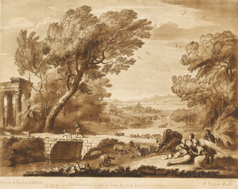 Landscape with ruins and tranquility during the flight to Egypt, Prints after drawings by Claude Lorrain, Liber Veritatis. Or a Collection of Two Hundred Prints, after the original designs of Claude le Lorrain, print, Series number, 154, 200, printmaker: Richard Earlom, after drawing by Claude Lorrain, publisher: John Boydell, London, 1776-09-02, paper, mezzotint, etching, mezzotint and etching, printed in brown, height 206 mm x width 258 mm, From 1774 John Boydell published two hundred prints based on the drawing book Liber Veritatis by Claude Lorrain, in the possession of the Dukes of Cavendish. These prints were published in bundled two volumes starting in 1777., landscape with ruins - II - ideal landscapes, landscape with bridge, viaduct or aqueduct - II - ideal landscapes, river - HH - ideal landscapes, rest on the flight into Egypt - BB - landscape predominant (+angel(s)), A sepia-toned landscape drawing showing large, leafy trees framing a distant view of hills and a body of wat...