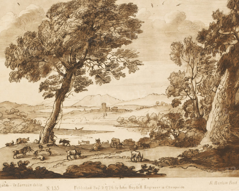Landscape with goats and a flute-playing shepherd near a lake, Liber Veritatis. Or a Collection of Two Hundred Prints, after the original designs of Claude le Lorrain, Prints after drawings by Claude Lorrain, print, Series number, 155, 200, printmaker: Richard Earlom, after drawing by Claude Lorrain, publisher: John Boydell, London, 1776-09-02, paper, mezzotint, etching, mezzotint and etching, printed in brown, height 206 mm x width 260 mm, From 1774 John Boydell published two hundred prints based on the drawing book Liber Veritatis by Claude Lorrain, in the possession of the Dukes of Cavendish. These prints were published in two volumes from 1777 onwards., pastorals, Arcadian scenes, herding, herdsman, herdswoman, shepherd, shepherdess, cowherd, cattle, lake - HH - ideal landscapes, A sepia-toned landscape drawing showing large, leafy trees in the foreground with detailed bark and twisting branches, a gently sloping field dotted with grazing animals including cows and goats, a small b...
