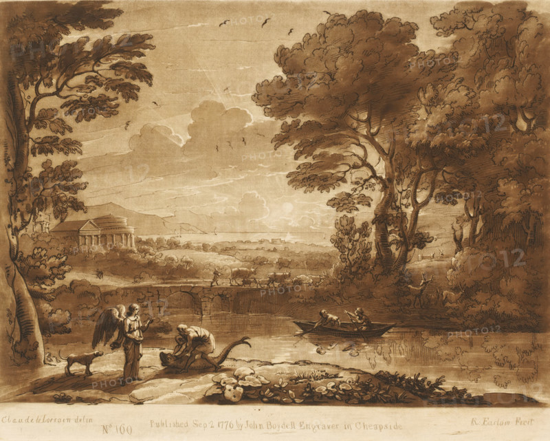 Landscape with Tobias, the fish and the angel, Liber Veritatis. Or a Collection of Two Hundred Prints, after the original designs of Claude le Lorrain, Prints after drawings by Claude Lorrain, print, Series number, 160, 200, printmaker: Richard Earlom, after drawing by Claude Lorrain, publisher: John Boydell, London, 1776-09-02, paper, mezzotint, etching, mezzotint and etching, printed in brown, height 207 mm x width 260 mm, From 1774 John Boydell published two hundred prints based on the drawing book Liber Veritatis by Claude Lorrain, in the possession of the Dukes of Cavendish. These prints were published in two volumes from 1777 onwards., cattle driving, cattle driver, Tobias captures the fish and pulls it on the land, the angel Raphael tells Tobias to cut the fish to pieces, landscape with bridge, viaduct or aqueduct - II - ideal landscapes, river - HH - ideal landscapes, A sepia-toned landscape drawing showing a river scene framed by large, leafy trees on both sides, with a stone ...