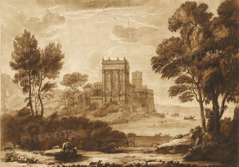 Landscape with Psyche at the Palace of Amor, Prints after drawings by Claude Lorrain, Liber Veritatis. Or a Collection of Two Hundred Prints, after the original designs of Claude le Lorrain, print, Series number, 162, 200, printmaker: Richard Earlom, after drawing by Claude Lorrain, publisher: John Boydell, London, 1776-12-03, paper, mezzotint, etching, mezzotint and etching, printed in brown, height 206 mm x width 260 mm, From 1774 John Boydell published two hundred prints based on the drawing book Liber Veritatis by Claude Lorrain, in the possession of the Dukes of Cavendish. These prints were published in two volumes from 1777 onwards., castle, coast - HH - ideal landscapes, landscape with tower or castle - II - ideal landscapes, story of Cupid and Psyche (Apuleius, 'Metamorphoses' (Golden Ass) IV 28 - VI 25), A sepia-toned landscape drawing showing a large classical building with a tall central facade and adjacent rounded tower set on a rocky shoreline, surrounded by trees and shru...