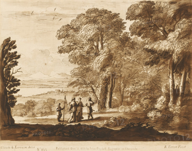 Landscape with Cephalus and Procris, Liber Veritatis. Or a Collection of Two Hundred Prints, after the original designs of Claude le Lorrain, Prints after drawings by Claude Lorrain, print, Series number, 163, 200, printmaker: Richard Earlom, after drawing by Claude Lorrain, publisher: John Boydell, London, 1776-12-03, paper, mezzotint, etching, mezzotint and etching, printed in brown, height 206 mm x width 258 mm, From 1774 John Boydell published two hundred prints based on the drawing book Liber Veritatis by Claude Lorrain, in the possession of the Dukes of Cavendish. These prints were published in two volumes from 1777 onwards, Cephalus and Procris, lake - HH - ideal landscapes, forest, wood - HH - ideal landscapes, A sepia-toned landscape drawing showing a group of people gathered on a path beneath large, leafy trees, with dense foliage filling the right side and a more open view to the left where distant hills and a body of water are visible; the people wear flowing garments and o...