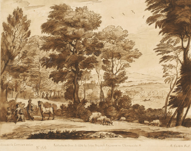 Landscape with Erminia and the old shepherd, Prints after drawings by Claude Lorrain, Liber Veritatis. Or a Collection of Two Hundred Prints, after the original designs of Claude le Lorrain, print, Series number, 166, 200, Scene from the poem Jerusalem Delivered (1581) by Torquato Tasso., printmaker: Richard Earlom, after drawing by Claude Lorrain, publisher: John Boydell, London, 1776-12-03, paper, mezzotint, etching, mezzotint and etching, printed in brown, height 207 mm x width 258 mm, From 1774 John Boydell published two hundred prints based on the drawing book Liber Veritatis by Claude Lorrain, in the possession of the Dukes of Cavendish. These prints were published in two volumes from 1777 onwards., herding, herdsman, herdswoman, shepherd, shepherdess, cowherd, (scenes from) specific works of literature: Tasso, Gerusalemme Liberata, Erminia, forest, wood - HH - ideal landscapes, A sepia-toned landscape drawing showing a wooded scene with tall, leafy trees of various shapes and si...
