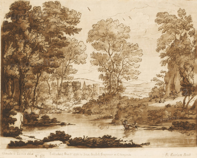 Landscape with Psyche saved from drowning, Liber Veritatis. Or a Collection of Two Hundred Prints, after the original designs of Claude le Lorrain, Prints after drawings by Claude Lorrain, print, Series number, 167, 200, printmaker: Richard Earlom, after drawing by Claude Lorrain, publisher: John Boydell, London, 1776-12-03, paper, mezzotint, etching, mezzotint and etching, printed in brown, height 207 mm x width 257 mm, From 1774 John Boydell published two hundred prints based on the drawing book Liber Veritatis by Claude Lorrain, in the possession of the Dukes of Cavendish. These prints were published in bundled two volumes starting in 1777., river - HH - ideal landscapes, sorrows of Psyche: she is saved by the river from drowning, A sepia-toned ink drawing showing a river or lake foreground with a small boat carrying two figures, surrounded by dense clusters of trees with detailed foliage on both sides, rocky banks and shrubs along the water, and a distant view of architectural ruin...
