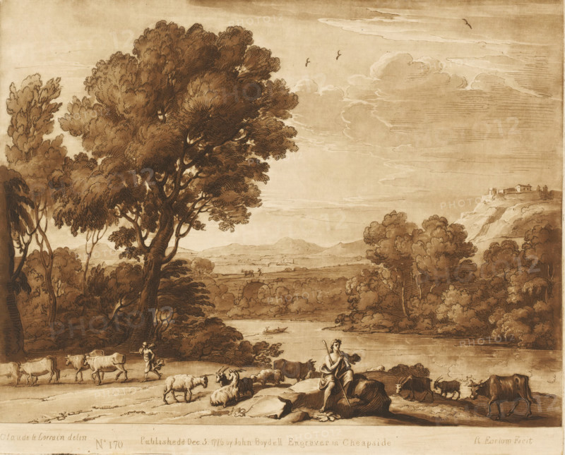 Landscape with Apollo and Mercury stealing the cattle, Prints after drawings by Claude Lorrain, Liber Veritatis. Or a Collection of Two Hundred Prints, after the original designs of Claude le Lorrain, print, Series number, 170, 200, printmaker: Richard Earlom, after drawing by Claude Lorrain, publisher: John Boydell, London, 1776-12-03, paper, mezzotint, etching, mezzotint and etching, printed in brown, height 208 mm x width 257 mm, From 1774 John Boydell published two hundred prints based on the drawing book Liber Veritatis by Claude Lorrain, in the possession of the Dukes of Cavendish. These prints were published in two volumes from 1777 onwards., Mercury steals the flock which Apollo is tending, landscape with bridge, viaduct or aqueduct - II - ideal landscapes, river - HH - ideal landscapes, A sepia-toned landscape drawing showing a wide river or lake bordered by trees and rolling hills, with large leafy trees dominating the left foreground and smaller clusters of trees on the righ...