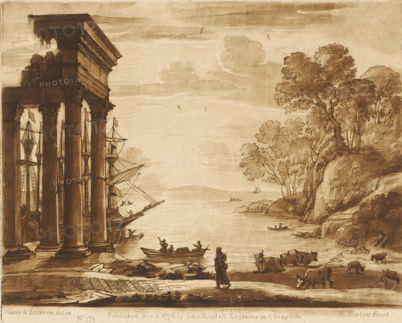 Coastal view with Ezekiel lamenting the destruction of Tyre, Liber Veritatis. Or a Collection of Two Hundred Prints, after the original designs of Claude le Lorrain, Prints after drawings by Claude Lorrain, print, Series number, 171, 200, printmaker: Richard Earlom, after drawing by Claude Lorrain, publisher: John Boydell, London, 1776-12-03, paper, mezzotint, etching, mezzotint and etching, printed in brown, height 207 mm x width 258 mm, From 1774 John Boydell published two hundred prints based on the drawing book Liber Veritatis by Claude Lorrain, in the possession of the Dukes of Cavendish. These prints were published in bundled two volumes starting in 1777., sailing-ship, sailing-boat, cattle, sea (seascape), coast - HH - ideal landscapes, Ezekiel prophesies against Tyrus (Ezekiel 26-28), Tyrus, A sepia-toned scene shows tall classical columns and an entablature on the left, with draped vegetation hanging from the structure and ships moored beside it, their masts and rigging visibl...