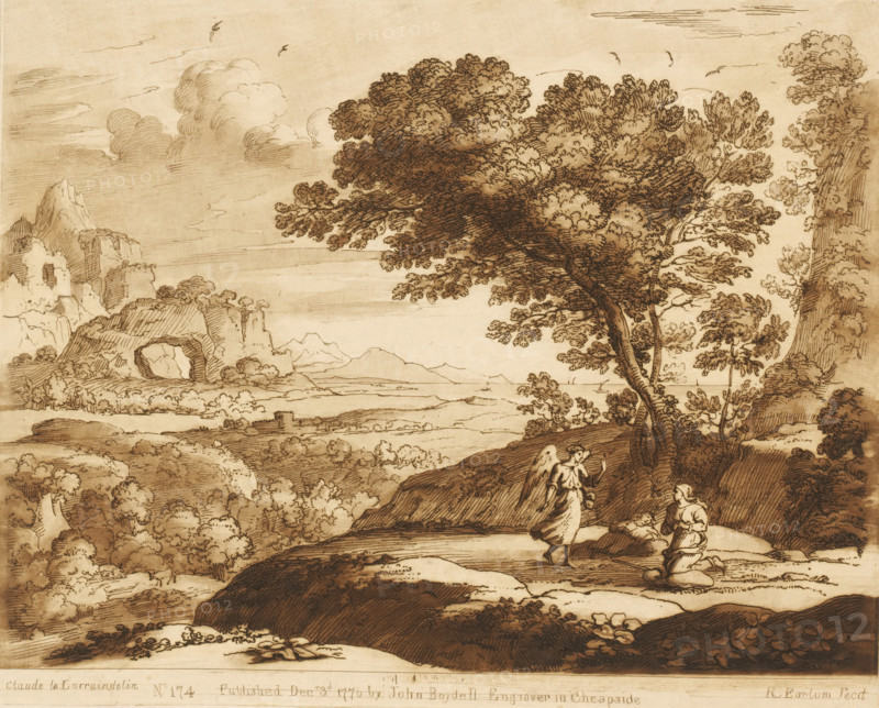 Landscape with Hagar, Ishmael and the angel, Liber Veritatis. Or a Collection of Two Hundred Prints, after the original designs of Claude le Lorrain, Prints after drawings by Claude Lorrain, print, Series number, 174, 200, printmaker: Richard Earlom, after drawing by Claude Lorrain, publisher: John Boydell, London, 1776-12-03, paper, mezzotint, etching, mezzotint and etching, printed in brown, height 209 mm x width 257 mm, From 1774 John Boydell published two hundred prints based on the drawing book Liber Veritatis by Claude Lorrain, in the possession of the Dukes of Cavendish. These prints were published in two volumes from 1777 onwards., an angel appears and reveals a well of water to Hagar, mountains - HH - ideal landscapes, A sepia-toned landscape drawing showing rolling hills, clustered trees, and a large tree with a thick trunk and spreading foliage near the center right. In the foreground a robed winged figure stands facing two kneeling robed figures on a grassy slope. To the le...