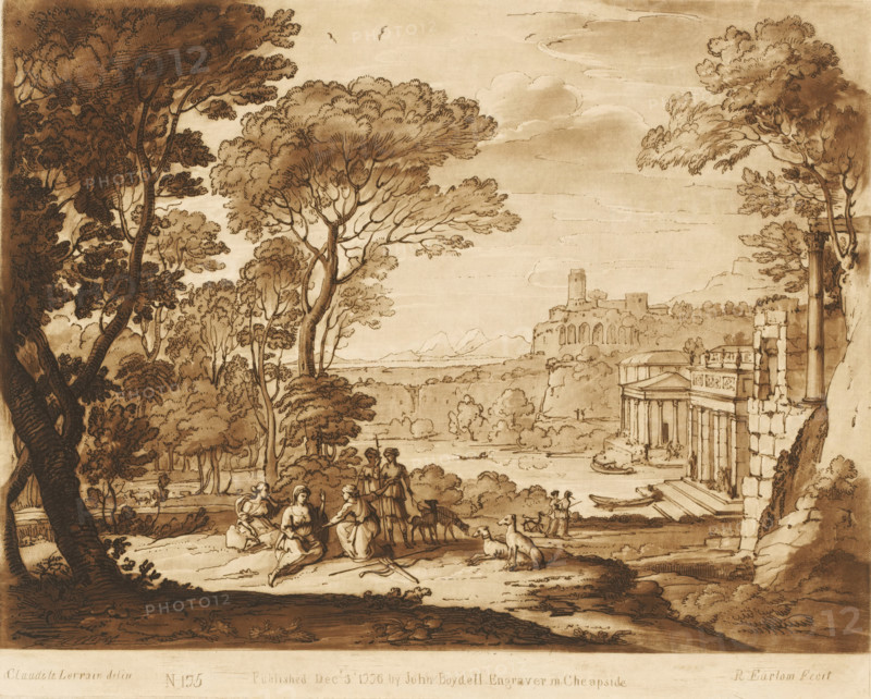 Landscape with the nymph Egeria, lamenting Numa, Liber Veritatis. Or a Collection of Two Hundred Prints, after the original designs of Claude le Lorrain, Prints after drawings by Claude Lorrain, print, Series number, 175, 200, printmaker: Richard Earlom, after drawing by Claude Lorrain, publisher: John Boydell, London, 1776-12-03, paper, mezzotint, etching, mezzotint and etching, printed in brown, height 208 mm x width 259 mm, From 1774 John Boydell published two hundred prints based on the drawing book Liber Veritatis by Claude Lorrain, in the possession of the Dukes of Cavendish. These prints were published in two volumes from 1777 onwards, landscape with ruins - II - ideal landscapes, lake - HH - ideal landscapes, Egeria changed into a fountain: when Egeria's grief at the death of Numa Pompilius cannot be assured, she melts away in tears, and is changed into a fountain (Ovid, Metamorphoses XV 546), A sepia-toned landscape drawing showing tall, leafy trees framing a wide open sky wit...