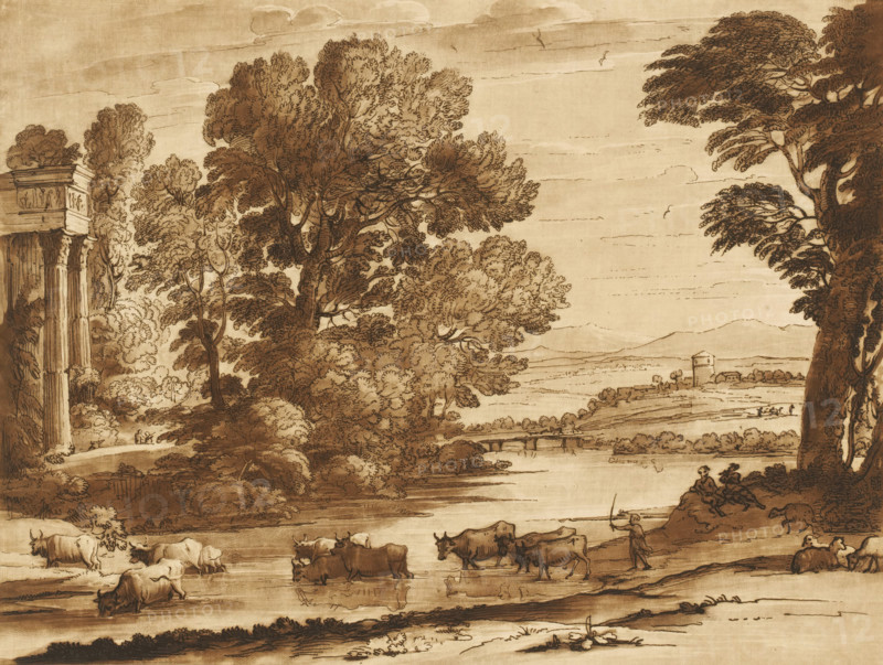 Landscape with ruins and cattle crossing a river, Prints after drawings by Claude Lorrain, Liber Veritatis. Or a Collection of Two Hundred Prints, after the original designs of Claude le Lorrain, print, Series number, 176, 200, printmaker: Richard Earlom, after drawing by Claude Lorrain, publisher: John Boydell, London, 1776-12-03, paper, mezzotint, etching, mezzotint and etching, printed in brown, height 208 mm x width 258 mm, From 1774 John Boydell published two hundred prints based on the drawing book Liber Veritatis by Claude Lorrain, in the possession of the Dukes of Cavendish. These prints were published in bundled two volumes starting in 1777., pastorals, Arcadian scenes, cattle driving, cattle driver, crossing a river, landscape with ruins - II - ideal landscapes, river - HH - ideal landscapes, A sepia-toned landscape drawing showing large, densely foliaged trees framing a river and distant fields, with a tall classical columned ruin on the left and a bridge crossing the water ...