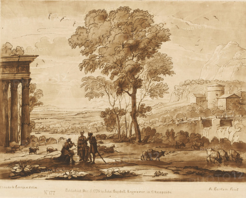 Landscape with shepherd family, ruin and drinking oxen, Prints after drawings by Claude Lorrain, Liber Veritatis. Or a Collection of Two Hundred Prints, after the original designs of Claude le Lorrain, print, Series number, 177, 200, printmaker: Richard Earlom, after drawing by Claude Lorrain, publisher: John Boydell, London, 1776-12-03, paper, mezzotint, etching, mezzotint and etching, printed in brown, height 206 mm x width 259 mm, From 1774 John Boydell published two hundred prints based on the drawing book Liber Veritatis by Claude Lorrain, in the possession of the Dukes of Cavendish. These prints were published in two volumes from 1777 onwards., pastorals, Arcadian scenes, herding, herdsman, herdswoman, shepherd, shepherdess, cowherd, cattle, landscape with ruins - II - ideal landscapes, waterfall - HH - ideal landscapes, A sepia-toned landscape drawing showing tall leafy trees near the center, a ruined classical columned structure on the left, and a small cluster of buildings wit...