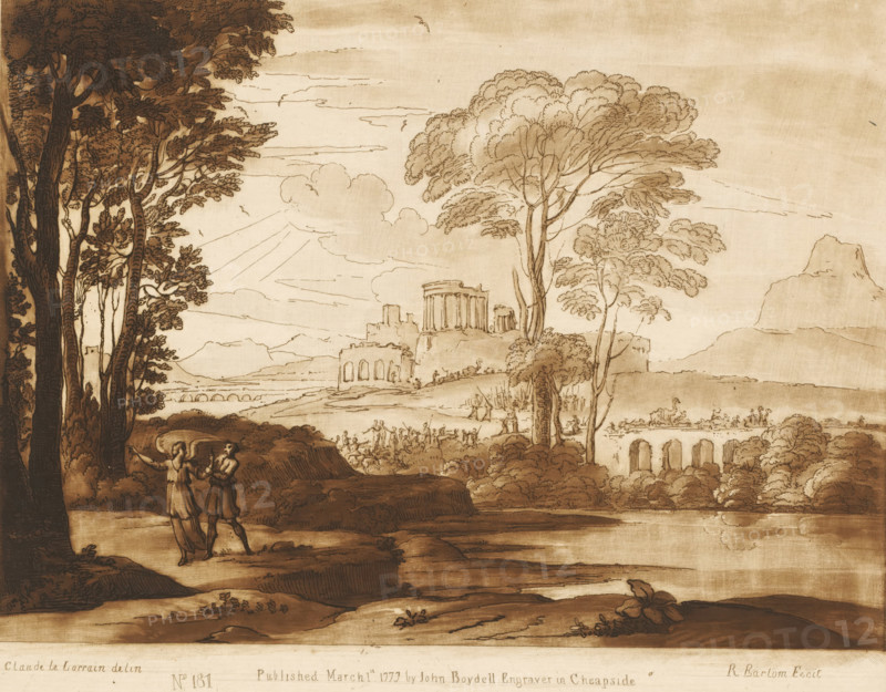 Landscape with Jacob wrestling with the angel, Prints after drawings by Claude Lorrain, Liber Veritatis. Or a Collection of Two Hundred Prints, after the original designs of Claude le Lorrain, print, Series number, 181, 200, printmaker: Richard Earlom, after drawing by Claude Lorrain, publisher: John Boydell, London, 1777-03-01, paper, mezzotint, etching, mezzotint and etching, printed in brown, height 206 mm x width 258 mm, From 1774 John Boydell published two hundred prints based on the drawing book Liber Veritatis by Claude Lorrain, in the possession of the Dukes of Cavendish. These prints were published in two volumes from 1777 onwards., Jacob wrestles with the angel (or man) till daybreak, Jacob's thigh is put out of joint, landscape with ruins - II - ideal landscapes, landscape with bridge, viaduct or aqueduct - II - ideal landscapes, river - HH - ideal landscapes, A sepia-toned landscape drawing showing tall trees on the left and a group of trees toward the center, a river or la...