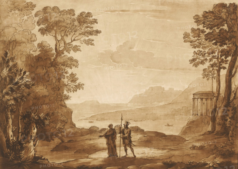 Coastal landscape with Aeneas and the Sibyl of Cumae, Liber Veritatis. Or a Collection of Two Hundred Prints, after the original designs of Claude le Lorrain, Prints after drawings by Claude Lorrain, print, Series number, 183, 200, printmaker: Richard Earlom, after drawing by Claude Lorrain, publisher: John Boydell, London, 1777-03-01, paper, mezzotint, etching, mezzotint and etching, printed in brown, height 206 mm x width 258 mm, From 1774 John Boydell published two hundred prints based on the drawing book Liber Veritatis by Claude Lorrain, in the possession of the Dukes of Cavendish. These prints were published in two volumes from 1777 onwards, gulf, bay, temple, shrine, Roman religion, coast - HH - ideal landscapes, the arrival of Aeneas at Cumae, where they consult Deiphobe, the Cumaean Sibyl, who foretells of Aeneas' wars in Latium, A sepia-toned landscape drawing shows a wide coastal view framed by tall, leafy trees on both sides, with dense foliage and textured trunks in the fo...