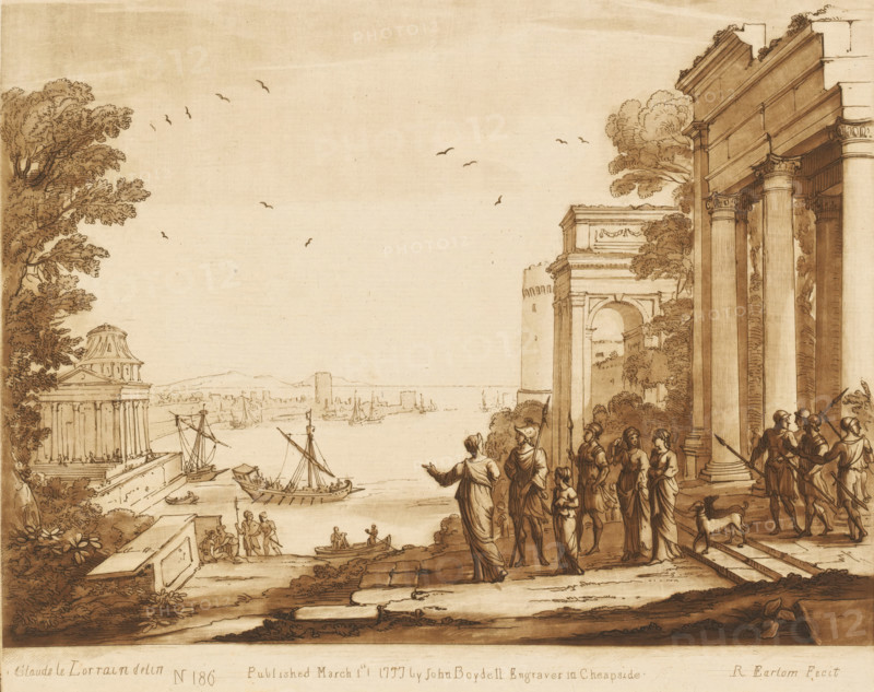 View of Carthage with Dido and Aeneas, Prints after drawings by Claude Lorrain, Liber Veritatis. Or a Collection of Two Hundred Prints, after the original designs of Claude le Lorrain, print, Series number, 186, 200, printmaker: Richard Earlom, after drawing by Claude Lorrain, publisher: John Boydell, London, 1777-03-01, paper, mezzotint, etching, mezzotint and etching, printed in brown, height 207 mm x width 260 mm, From 1774 John Boydell published two hundred prints based on the drawing book Liber Veritatis by Claude Lorrain, in the possession of the Dukes of Cavendish. These prints were published in two volumes from 1777 onwards, assembling, 'départ pour la chasse', sea (seascape), landscape with ruins - II - ideal landscapes, coast - HH - ideal landscapes, Dido and Aeneas departing for the hunt, North Africa, Carthage, A sepia-toned drawing depicting a riverside scene with classical architecture and groups of people; on the right a large colonnaded structure with ornate capitals an...