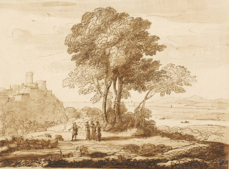 Landscape with Jacob, Laban, Rachel and Leah, Liber Veritatis. Or a Collection of Two Hundred Prints, after the original designs of Claude le Lorrain, Prints after drawings by Claude Lorrain, print, Series number, 188, 200, printmaker: Richard Earlom, after drawing by Claude Lorrain, publisher: John Boydell, London, 1777-03-01, paper, mezzotint, etching, mezzotint and etching, printed in brown, height 207 mm x width 260 mm, From 1774 John Boydell published two hundred prints based on the drawing book Liber Veritatis by Claude Lorrain, in the possession of the Dukes of Cavendish. These prints were published in two volumes starting in 1777., cattle, coast - HH - ideal landscapes, village - II - ideal landscapes, Jacob serving Laban for Rachel and Leah (Genesis 29:14-30), A sepia landscape drawing showing a group of tall, leafy trees near the center with textured trunks and dense foliage, a cluster of figures standing beneath the trees with one figure extending an arm and others gathered ...