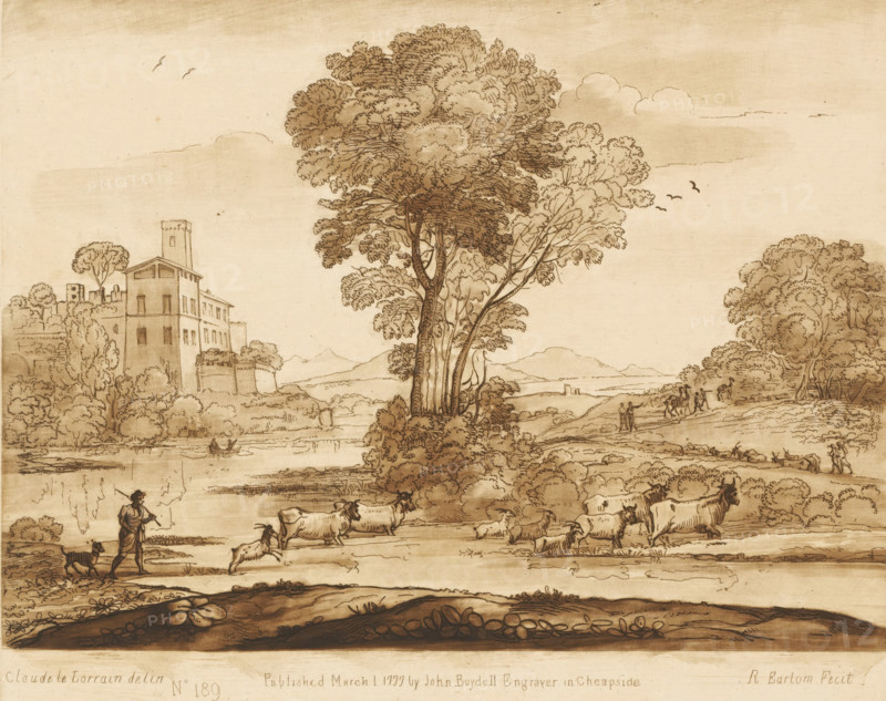 Landscape with Jacob's journey to Canaan, Liber Veritatis. Or a Collection of Two Hundred Prints, after the original designs of Claude le Lorrain, Prints after drawings by Claude Lorrain, print, Series number, 189, 200, printmaker: Richard Earlom, after drawing by Claude Lorrain, publisher: John Boydell, London, 1777-03-01, Richard Earlom, Claude Lorrain, John Boydell, printmaker, after drawing by, publisher, paper, mezzotint, etching, mezzotint and etching, printed in brown, height 206 mm x width 257 mm, From 1774 John Boydell published two hundred prints based on the drawing book Liber Veritatis by Claude Lorrain, in the possession of the Dukes of Cavendish. These prints were published in two volumes from 1777 onwards, cattle driving, cattle driver, crossing a river, Jacob on the way to Canaan with his family, his flocks, camels and all his possessions, river - HH - ideal landscapes, city-view, and landscape with man-made constructions - II - ideal landscapes, A sepia-toned landscape...