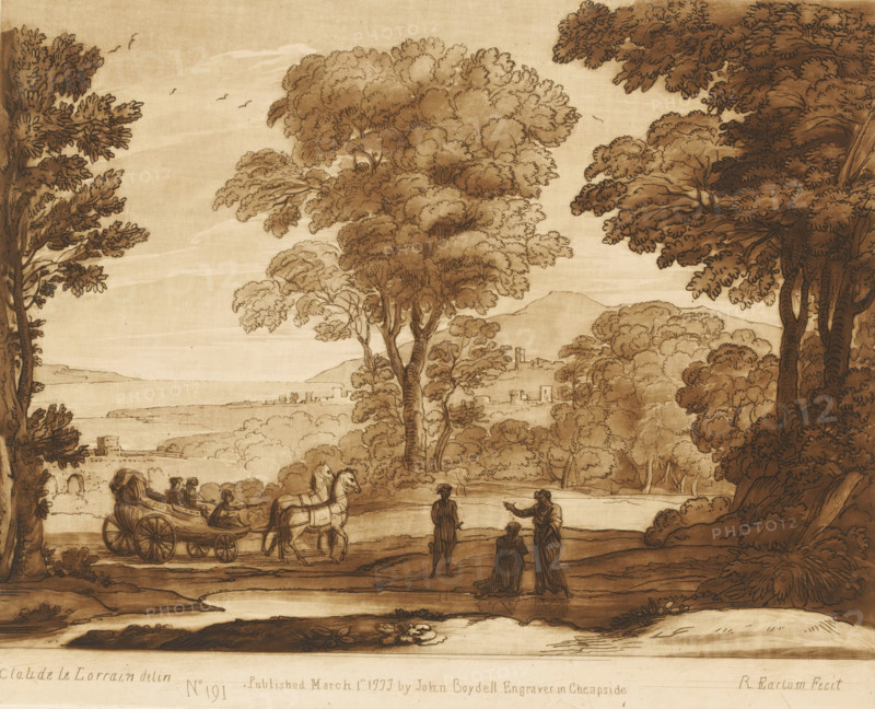 Landscape with the baptism of the eunuch, Prints after drawings by Claude Lorrain, Liber Veritatis. Or a Collection of Two Hundred Prints, after the original designs of Claude le Lorrain, print, Series number, 191, 200, printmaker: Richard Earlom, after drawing by Claude Lorrain, publisher: John Boydell, London, 1777-03-01, paper, mezzotint, etching, mezzotint and etching, printed in brown, height 206 mm x width 257 mm, From 1774 John Boydell published two hundred prints based on the drawing book Liber Veritatis by Claude Lorrain, in the possession of the Dukes of Cavendish. These prints were published in two volumes from 1777 onwards., chariot, triumphal car, Philip baptizes the Eunuch, river - HH - ideal landscapes, A sepia-toned landscape drawing shows a roadside scene framed by large, leafy trees on both sides with a distant ridge and scattered buildings visible between the foliage. In the foreground a horse-drawn cart with two seated figures is moving along a path, the horses turn...