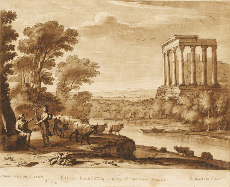 Landscape with Mercury giving the lyre to Apollo, Prints after drawings by Claude Lorrain, Liber Veritatis. Or a Collection of Two Hundred Prints, after the original designs of Claude le Lorrain, print, Series number, 192, 200, printmaker: Richard Earlom, after drawing by Claude Lorrain, publisher: John Boydell, London, 1777-03-01, paper, mezzotint, etching, mezzotint and etching, printed in brown, height 206 mm x width 257 mm, From 1774 John Boydell published two hundred prints based on the drawing book Liber Veritatis by Claude Lorrain, in the possession of the Dukes of Cavendish. These prints were published in two volumes from 1777 onwards., cattle, landscape with ruins - II - ideal landscapes, river - HH - ideal landscapes, Mercury gives his lyre to Apollo, Apollo gives his staff (caduceus) to Mercury in return for the lyre, A sepia-toned landscape shows a river bordered by trees and bushes, with a classical temple of columns and a stepped base perched on a rocky bank to the right;...