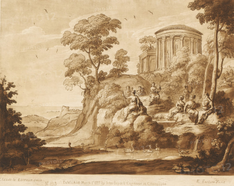 Apollo and the Muses on Mount Helicon, Prints after drawings by Claude Lorrain, Liber Veritatis. Or a Collection of Two Hundred Prints, after the original designs of Claude le Lorrain, print, Series number, 193, 200, printmaker: Richard Earlom, after drawing by Claude Lorrain, publisher: John Boydell, London, 1777-03-01, paper, mezzotint, etching, mezzotint and etching, printed in brown, height 207 mm x width 258 mm, From 1774 John Boydell published two hundred prints based on the drawing book Liber Veritatis by Claude Lorrain, in the possession of the Dukes of Cavendish. These prints were published in bundled two volumes starting in 1777., Pegasus, the winged horse, Apollo and the Muses, Apollo Musagetes, mountains - HH - ideal landscapes, city-view, and landscape with man-made constructions - II - ideal landscapes, Helicon, sacred to the Muses, Euboea, A sepia-toned landscape drawing shows a rocky hillside with trees and shrubs, a group of classical columns and a round temple partial...