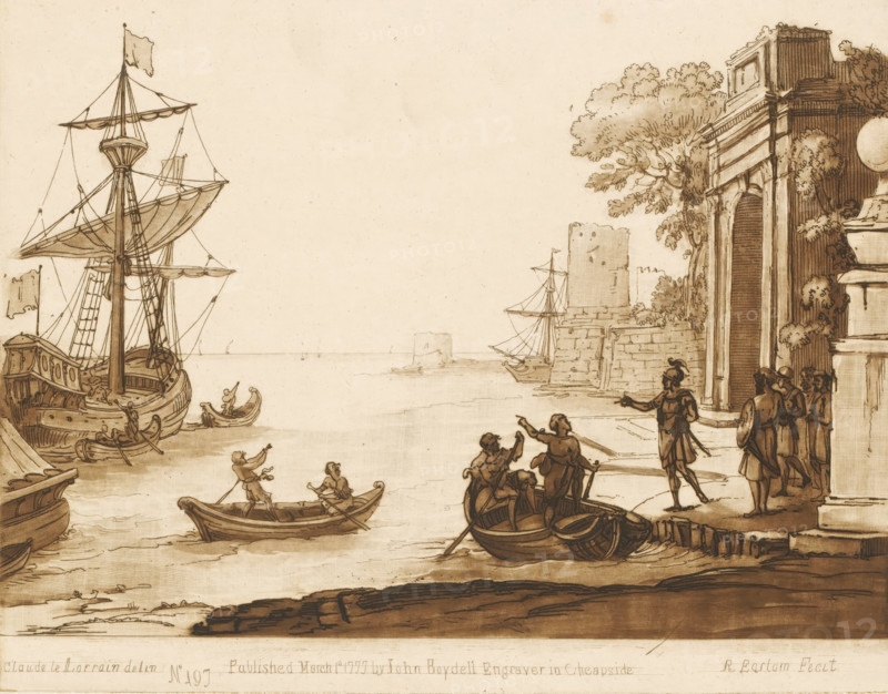Seaport with triumphal arch and embarkation of a soldier, Prints after drawings by Claude Lorrain, Liber Veritatis. Or a Collection of Two Hundred Prints, after the original designs of Claude le Lorrain, print, Series number, 197, 200, printmaker: Richard Earlom, after drawing by Claude Lorrain, publisher: John Boydell, London, 1777-03-01, paper, mezzotint, etching, mezzotint and etching, printed in brown, height 177 mm x width 227 mm, From 1774 John Boydell published two hundred prints based on the drawing book Liber Veritatis by Claude Lorrain, in the possession of the Dukes of Cavendish. These prints were published in bundled two volumes starting in 1777., sailing-ship, sailing-boat, sea (seascape), triumphal arch, ships (in general) (getting in, mounting, embarkation), coast - HH - ideal landscapes, A sepia-toned scene of a harbor with sailboats and small rowboats on calm water, a large ship with tall masts and rigging moored at the left, several smaller boats with figures rowing o...
