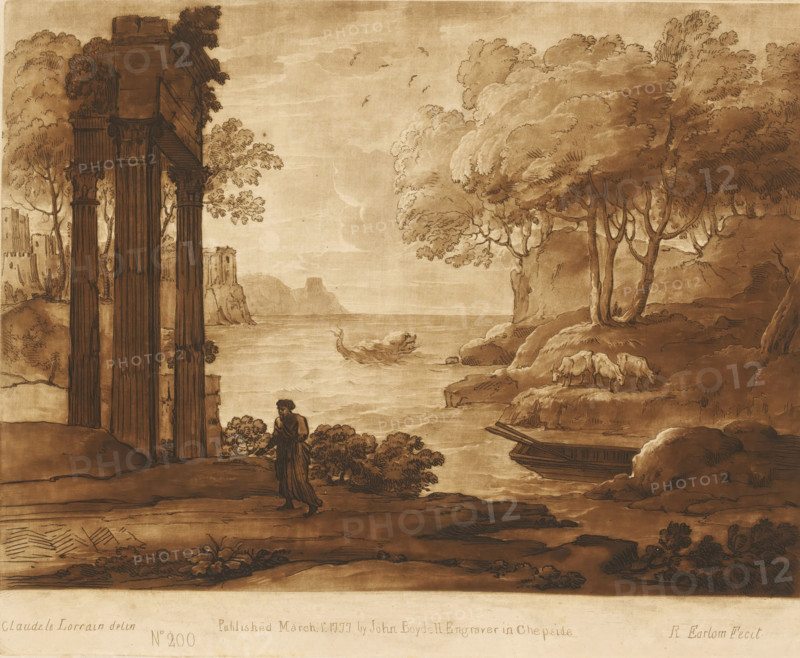 Coastal view with ruins and Jonas and the whale, Prints after drawings by Claude Lorrain, Liber Veritatis. Or a Collection of Two Hundred Prints, after the original designs of Claude le Lorrain, print, Series number, 200, printmaker: Richard Earlom, after drawing by Claude Lorrain, publisher: John Boydell, London, 1777-03-01, paper, mezzotint, etching, mezzotint and etching, printed in brown, height 210 mm x width 258 mm, From 1774 John Boydell published two hundred prints based on the drawing book Liber Veritatis by Claude Lorrain, in the possession of the Dukes of Cavendish. These prints were published in two volumes from 1777 onwards., landscape with ruins - II - ideal landscapes, swimming mammals: whale, after a three-day sojourn in the belly of the monster Jonah is cast on dry land, Jonah may be shown nude and bald-headed, coast - HH - ideal landscapes, A sepia-toned landscape drawing showing a coastal scene with tall classical columns on the left, a solitary robed figure standing...